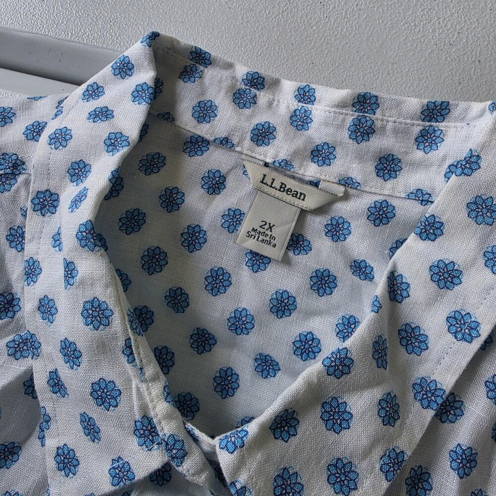 L.L.Bean Button Up Shirt Womens 2X White Blue Floral Linen Long Sleeve Top